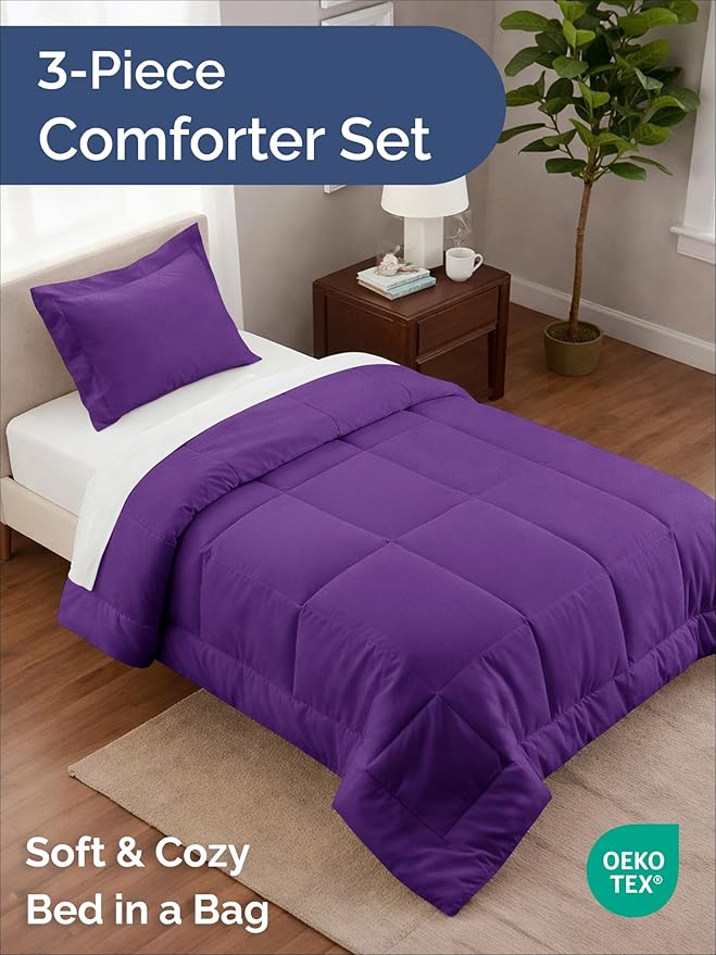 Twin Comforter Set - 2 Piece Bed Set for All Seasons - 1 Soft Quilted Comforter with Corner Tabs & 1 Pillow Sham - Comfy, Cozy & Breathable - Premium Down Duvet Insert - Oeko-TEX - Twin Size, Purple