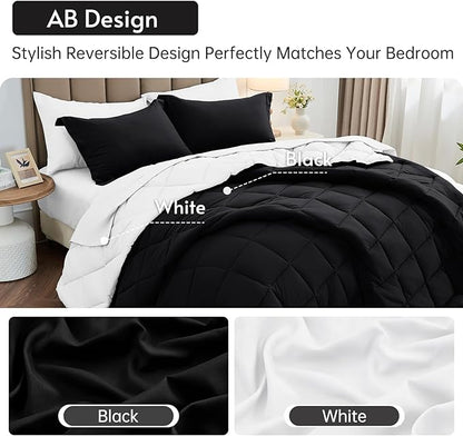 MUXHOMO 7 Pieces King Comforter Set, Reversible Bed in a Bag King Size, All Season Bedding Set with Comforter, Flat Sheet, Fitted Sheet, Pillowcases & Shams, Black & White