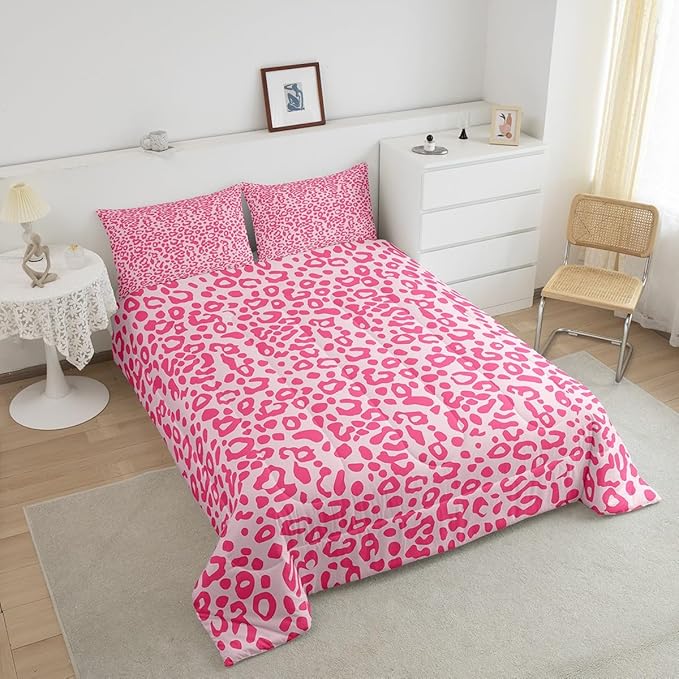 Feelyou Cute Leopard Bedding Set Cheetah Comforter Set for Kids Boys Girls Teens Room Decor Pink Animal Print Comforter Full Size Safari Duvet Set 3Pcs