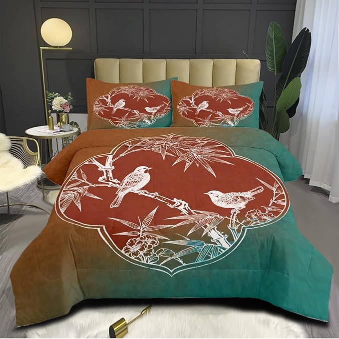Queen Comforter Set 3 Pieces Vintage Bamboo Leaves Birds Bedding Set Teal Tan Soft Microfiber Down Alternative Comforter with 2 Pillowcases