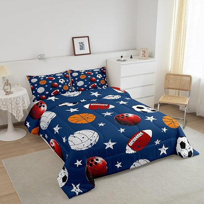 Feelyou Baseball Comforter Set Queen Size Football Comforter for Boys Girls Teens Basketball Bedding Set Rugby Sports Duvet Set Room Decor Dark Blue Mixed Ball Quilt Set