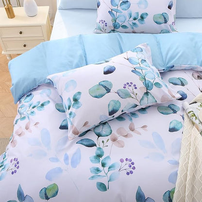 MUXHOMO Full Comforter Set, Blue Elegant Floral Print Bed in a Bag 7 Pieces, Ultra Soft & Breathable Reversible Botanical Pattern Bedding Set with Comforter, Sheets, Pillowcases, and Shams