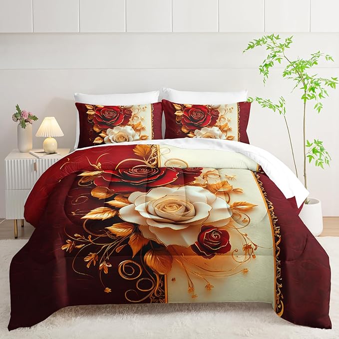 Red Rose Comforter Set Queen 7 Piece，Red Rose Bedding Sets Queen，(1 Comforter, 1 Flat Sheet, 1 Fitted Sheet, 2 Pillowcase and 2 Pillow Sham)