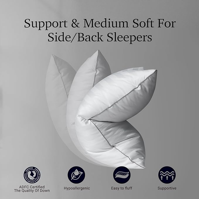 Hotel Grand 5-Star Feather Down Pillows Standard Size 2 Packs - 100% Cotton Machine Washable Soft Supportive Hypoallergenic Bed Pillows for All Sleep Positions