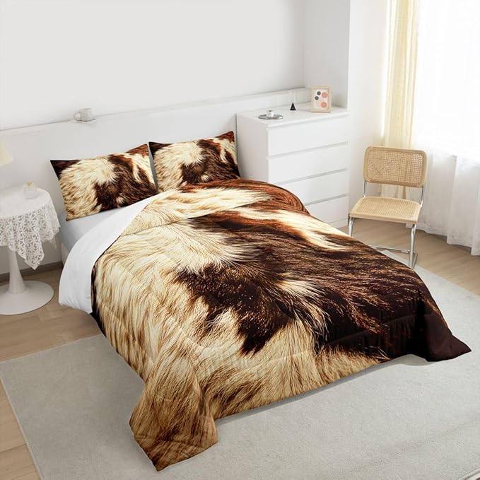 Erosebridal Cow Print Comforter Set King Cowhide Bedding Sets Adult Women Men Highland Cow Fur Comforter Western Farm Wild Animal Down Comforter Brown White Bull Cattle Skin Duvet Insert 3Pcs