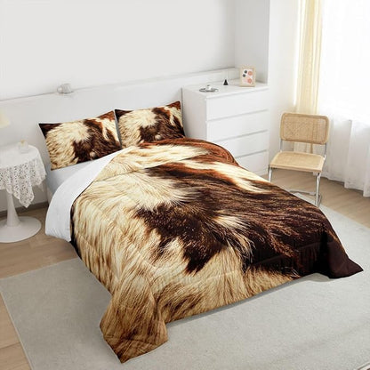 Erosebridal Cow Print Comforter Set King Cowhide Bedding Sets Adult Women Men Highland Cow Fur Comforter Western Farm Wild Animal Down Comforter Brown White Bull Cattle Skin Duvet Insert 3Pcs