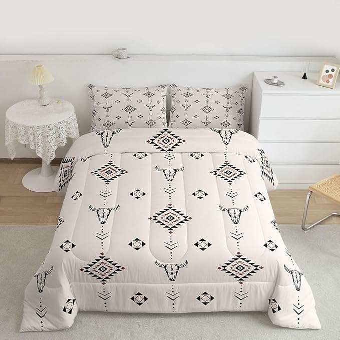 Erosebridal Western Aztec Comforter Set Toddler Size American Native Bedding Set Boho Southwestern Quilt for Kids Boys Teens Adult Bedroom Tribal Bull Skull Farmhouse Duvet Insert