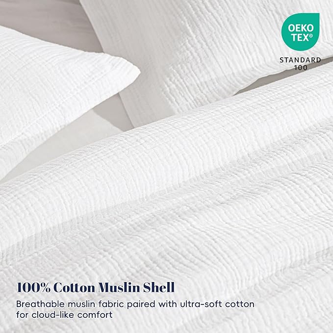 PHF Cotton Muslin Comforter Set Twin – 100% Cotton Cover, Ultra Soft & Breathable, 2PCS Lightweight All-Season Bedding with Polyester Fill, 1 Comforter 68"x90" & 1 Pillow Sham 20"x26", White