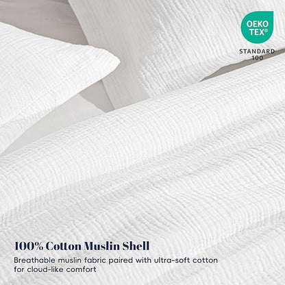 PHF Cotton Muslin Comforter Set King – 100% Cotton Cover, Ultra Soft & Breathable, 3PCS Lightweight All-Season Bedding with Polyester Fill, 1 Comforter 104"x90" & 2 Pillow Shams 20"x36", White