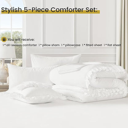 QUIETSEA Twin Bed in a Bag 5 Pieces Comforter Set Twin, Ruffle Shabby Chic Bedding Comforter Set White Bed Set with Comforter, Pillowcase, Flat Sheet, Fitted Sheet and Pillow Sham