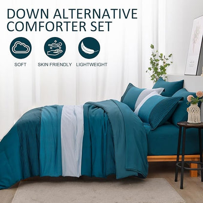 Teal Blue Queen Comforter Set, Blue Striped Bed in a Bag Soft Bedding Set All Season Patchwork Bed Set Microfiber 7 Piece Filling Comforter, Flat/Fitted Sheets and Pillowcase 90"x90"