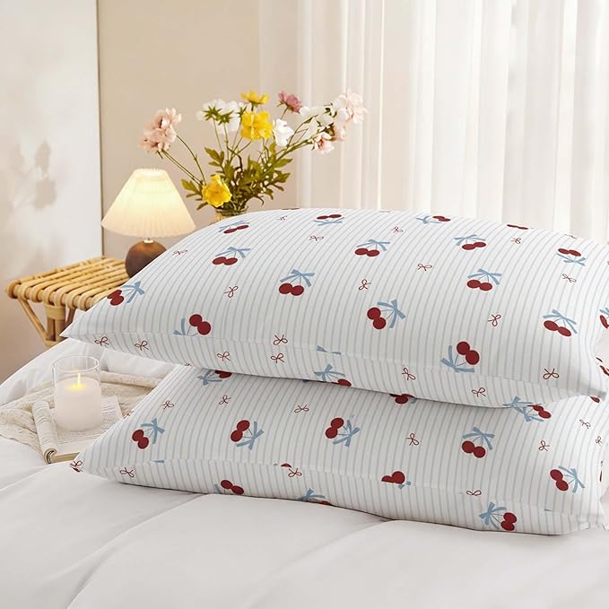 Nayoroom Blue Striped Bow Comforter Set Queen Size Red Cherry Comforter 3 Pieces Soft Lightweight Girls Cute Aesthetic Dorm Bedding Set for All Seasons