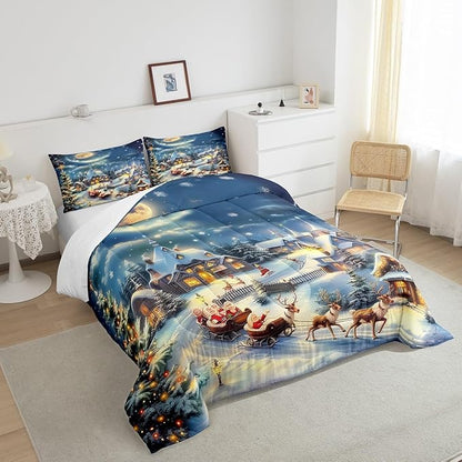 Christmas Santa Claus Comforter Set Queen Size,Xmas Tree Elk Sledge Bedding Set 3Pcs,Winter Rustic Country Quilt Set Kids Girls Boys Room Decor,Night Snow Scenery Duvet Insert,2 Pillowcases