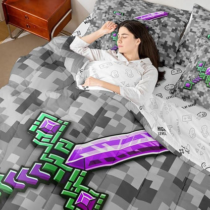 Castle Fairy Green Purple Sword 7 Piece Comforter Set Queen Size,Miner Check All Season Reversible Bed in a Bag Video Games Bedding Sets Cool Pixel Flat Sheet,Fitted Sheet,Pillowcases