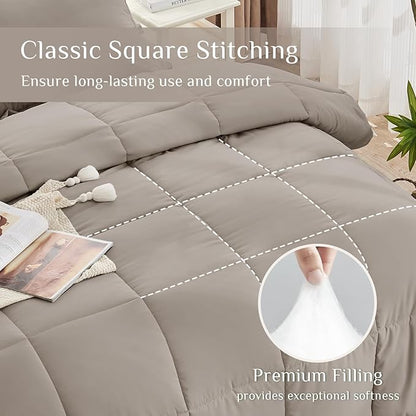 JOLLYVOGUE Twin Comforter Set, Ultra-Soft Bed in a Bag Twin Size 5 Pieces, Oeko-TEX Certified Bedding Set with Down Alternative Comforter, Sheets, Pillowcases & Shams, Khaki