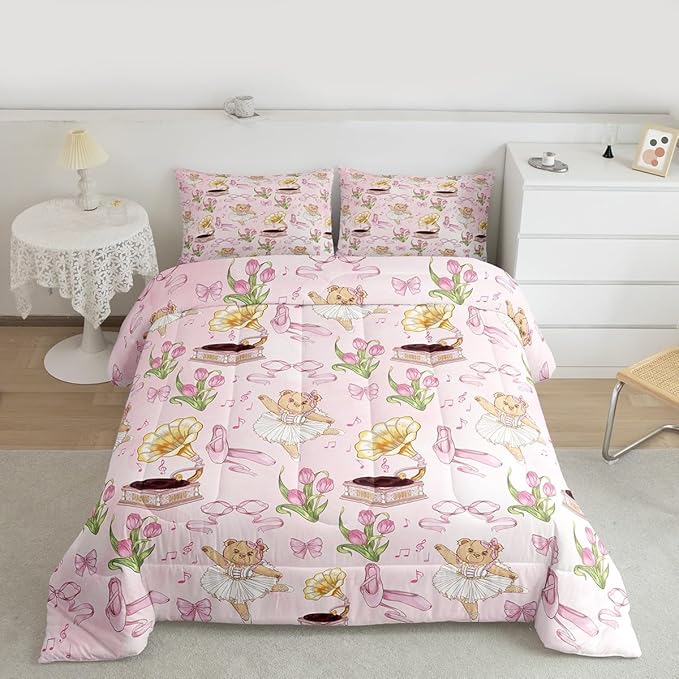 Manfei Pink Bowknot Kids Comforter Set Queen Size,Ballet Shoe Bow Tie Cute Bear Bedding Set,Girls Boys Room Decor,Music Note Tulip Quilt Comforter,Princess Duvet Set Bedroom Quilt Set,2 Pillowcases
