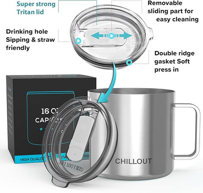 CHILLOUT LIFE Stainless Steel 16 oz Vacuum Insulated Coffee Mug with Handle and Lid, Large Thermal Camping Coffee Mug Cup with Durable Sliding Lid for Men & Women, Keeps your Beverages Hot & Cold