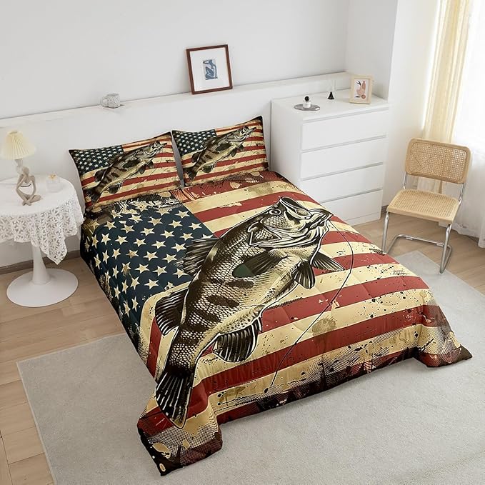 Erosebridal Bass Fishing King Comforter Set,Vintage American Flag Bedding Sets for Kids Boys Men,Big Pike Fish Quilt Bed Set,Rustic Cabin Lake House Bedroom Decor,2 Pillowcases Breathable