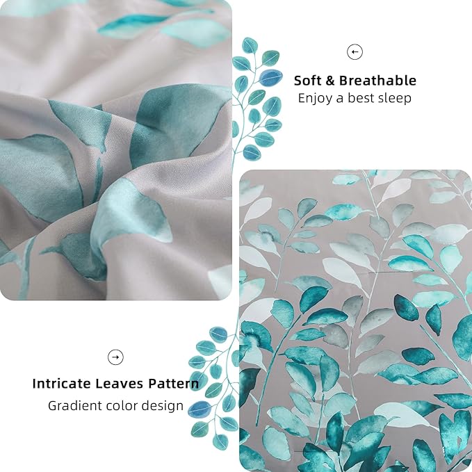 Anibedding Teal Green Floral Comforter Set Queen, 7 Piece Green Botanical Gradient Leaves Ultra Soft Microfiber Down Alternative Bedding Set with Sheets and Bedroom for All Season