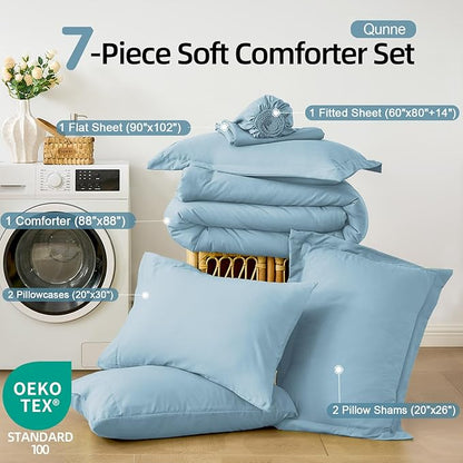 FUANNA Queen Comforter Set Light Blue, 7 Pieces Soft Bedding Sets Queen Size, All Season Lightweight Bed in a Bag with Comforter, Flat Sheet, Fitted Sheet, Pillowcases & Shams