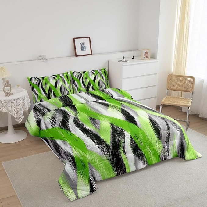 Erosebridal Geometric Stripes Comforter Queen Modern Abstract Comforter Set Grey Black Lime Green Bedding Set for Kids Boys Teen Men Swirl Lines Quilt Duvet Room Decor 3 Pcs