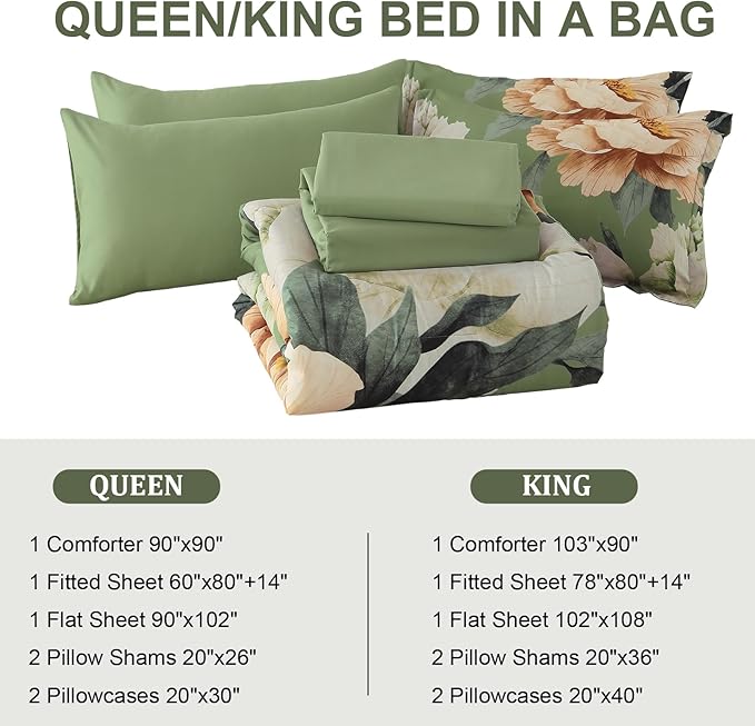 Dobuyly Queen Comforter Set 7 Piece Bed in a Bag, Olive Green Floral Comforter Set with Sheets, Soft Microfiber Botanical Flower Bedding Set for All Season