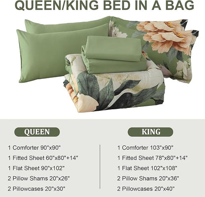 Dobuyly Queen Comforter Set 7 Piece Bed in a Bag, Olive Green Floral Comforter Set with Sheets, Soft Microfiber Botanical Flower Bedding Set for All Season