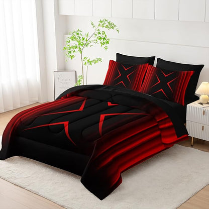 Red and Black Geometric Comforter Set Full Size 7Pieces,3D Abstract Mordern Printed Bedding Set for Adults,Geometric Mordern Decor All Seasons with Pillowcases,Flat, Fitted Sheet