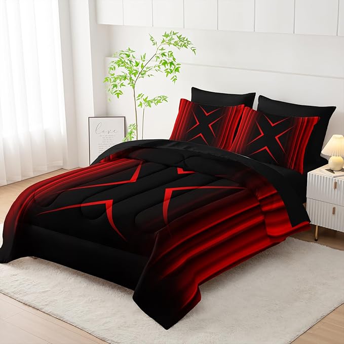 Red and Black Geometric Comforter Set Twin Size 7Pieces,3D Abstract Mordern Printed Bedding Set for Adults,Geometric Mordern Decor All Seasons with Pillowcases,Flat, Fitted Sheet
