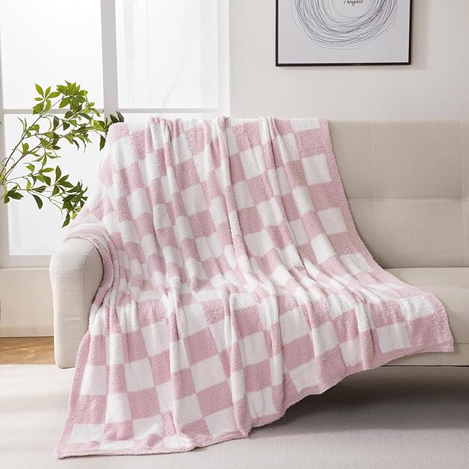 MorroMorn Checkered Throw Blanket for Couch, Pink Throw Blanket 2-Layers Soft Cozy Fleece Plaid Blankets Checkerboard Grid - Fluffy Fuzzy Warm for Sofa Chair Bed Home Decor Gifts, 50x60 inches