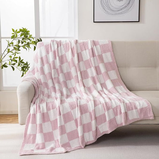 MorroMorn Checkered Blanket for Couch Bed, Baby Pink Throw Blanket 2-Layers Soft Cozy Fleece Plaid Blankets Checkerboard Grid - Fluffy Fuzzy Warm Cute Home Decor Women Girls Gifts, 60x80 inches