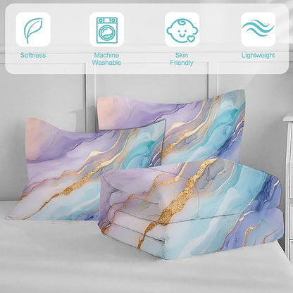 Marble Comforter Set King Size for Kids Women Men Watercolor Bedding Sets for Bedroom Decor Abstract Luxury Purple Blue Green Gold Quilt Set with 1 Comforter + 2 Pillowcases