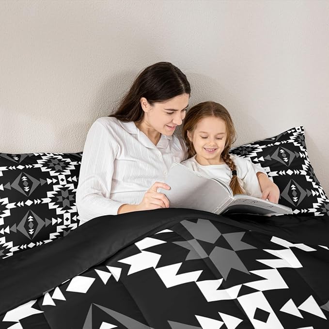 Western Aztec Comforter Set Twin Size, Native American Navajo Bedding Set For Boys Adult Teens, Southwestern Geometric Quilt Ethnic American Native Duvet Insert Rustic Farmhouse Decor, Black White