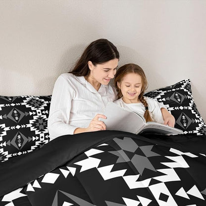 Western Aztec Comforter Set Twin Size, Native American Navajo Bedding Set For Boys Adult Teens, Southwestern Geometric Quilt Ethnic American Native Duvet Insert Rustic Farmhouse Decor, Black White