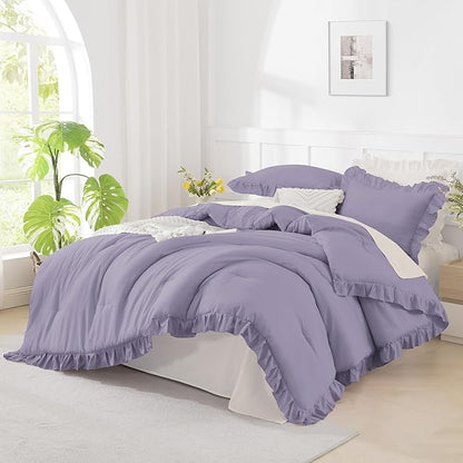 Andency Oversized King Ruffle Comforter Set 120x120, 3 Pieces Purple Lightweight Fluffy Super King Bedding Set, Shabby Chic Famhouse All Season Bed Set for Girls Women