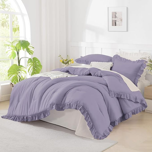 Andency Oversized King Comforter Set 120x98, 3 Pieces Ruffle Shabby Chic Famhouse Bedding Set, All Season Lightweight Fluffy Bed Set for Girls Women, Purple