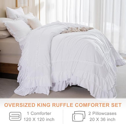 QSH 3PCs Bright White Ruffled Oversized King Comforter 120x120,Shabby Boho Chic Farmhouse Ruffle Bed Comforter Set California King Comforter Ultra Soft Microfiber Lightweight Fluffy Bedding