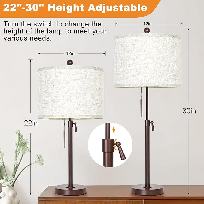 Table Lamps for Bedrooms Set of 2, 22" to 30" Height Adjustable Nightstand Lamps with Linen Shade, Pull Chain Switch Lamps for Living Room, 3 Way Dimmable Beside Lamp