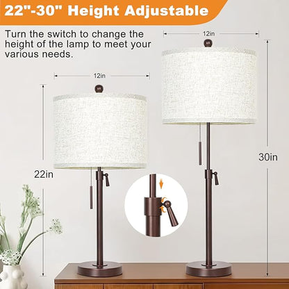 Table Lamps for Bedrooms Set of 2, 22" to 30" Height Adjustable Nightstand Lamps with Linen Shade, Pull Chain Switch Lamps for Living Room, 3 Way Dimmable Beside Lamp