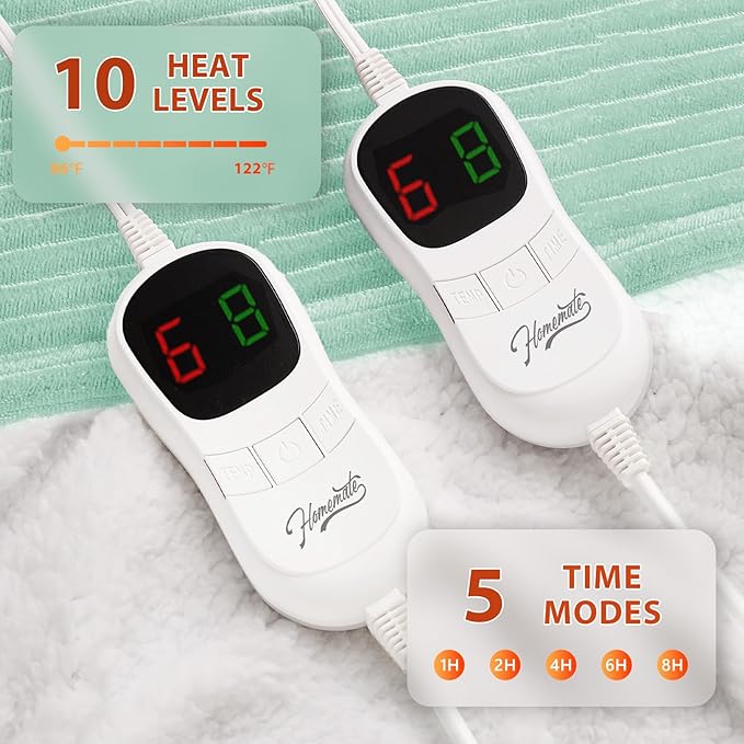 Homemate Electric Heated Blanket Queen Size - 84"x90" Heating Blanket Queen Size Dual Control 1/2/4/6/8 Hours Auto-Off 10 Heat Level Over-Heat Protection Soft Flannel Sherpa ETL Certification