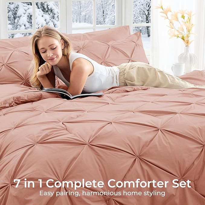 Sasttie California King Comforter Set, 7-Piece Bed in a Bag Cal King, Pintuck Bedding Set for All Season, Includes Comforter, Flat Sheet, Fitted Sheet, Pillowcases and Pillowshams, Blush