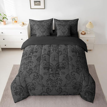Erosebridal Gothic Damask Bed in a Bag Queen Comforter Set 7 Piece,Sun Moon Tree of Life Bedding Sets Black Grey Victorian Floral Goth Sheet Set with Comforter