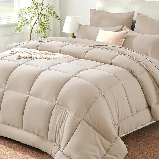 SunStyle Home Beige Full/Queen Comforter Set - 7 Pieces Bed in a Bag, Lightweight Goose Down Alternative Bedding Sets with All Season Comforter, 1 Flat Sheet, 1 Fitted Sheet, 4 Pillowcases
