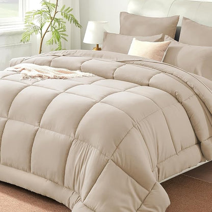 SunStyle Home Beige Full/Queen Comforter Set - 7 Pieces Bed in a Bag, Lightweight Goose Down Alternative Bedding Sets with All Season Comforter, 1 Flat Sheet, 1 Fitted Sheet, 4 Pillowcases