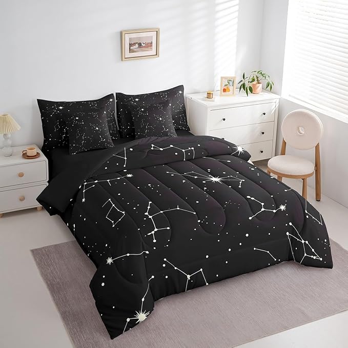 Feelyou Galaxy Comforter Set King Size 7 Pcs Kids Outer Space Constellation Comforter Bed in a Bag Universe Starry Sky Bedding Set for Boys Girls Teens Bed Set with Sheets, Pillowcases, Pillow Covers
