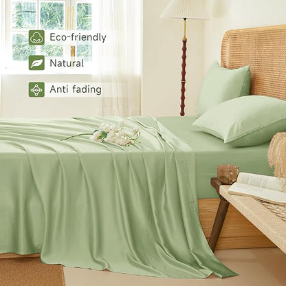 THXSILK Luxury Mulberry Silk Bed Sheets Set - 4pcs Silk Sheets Set 16" Deep Pocket - 1 Fitted Sheet, 1 Flat Sheet, 2 Pillowcases with Zipper Closure - King, Mint Green