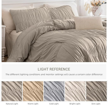 Lady Ann Queen Size Boho Comforter Sets - Linen Feel Ruched Bedroom Sets, 3 Piece Fluffy Bedding Comforter Sets, Ultra Soft & Luxurious All Season Boho Bedding Sets for Women Men