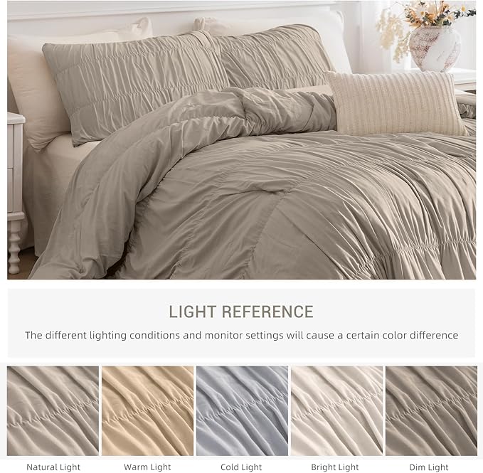 Lady Ann King Bed Comforter Set 104"*90 - Linen Feel Ruched Boho Bedding Comforter Set for Bedroom, 3 Piece Fluffy Bedroom Set with Pillow Shams Ultra Soft All Season Bed Sets for Women Men