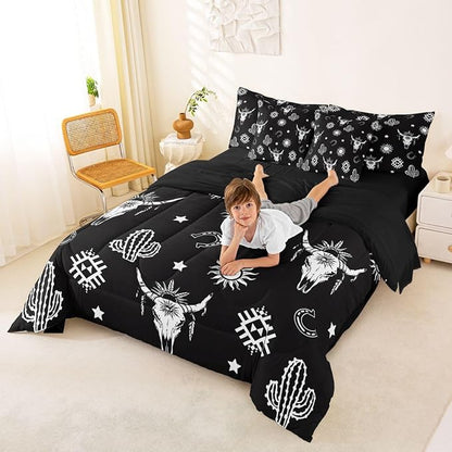 Erosebridal Western Bull Skull Bedding Set King Boho Aztec Comforter Set 7 Piece Vintage Tribal Exotic Ethnic Bed in A Bag for Adults Bohemian Geometric Cactus Quilt with Flat Fitted Sheet
