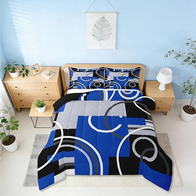 Royal Blue Black Grey Bedding Sets Full Swirls Spiral Comforter Set Abstract Gromment Stripes Quilt Bedroom Decor Geometric Plaid Bedding Modern Graphic Artwork Quilted Comforter All Season